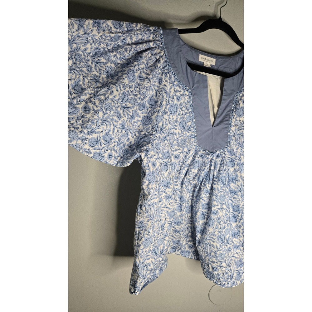 ChicSoul 1X Blue White Floral Cotton Peplum Blouse Plus Size Cottagecore Boho - Picture 5 of 10